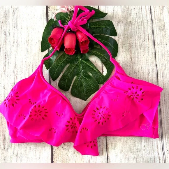 Op Women’s Hot Pink Laser Cut Eyelet Ruffle Halter Neck Bikini Top L - Picture 5 of 8